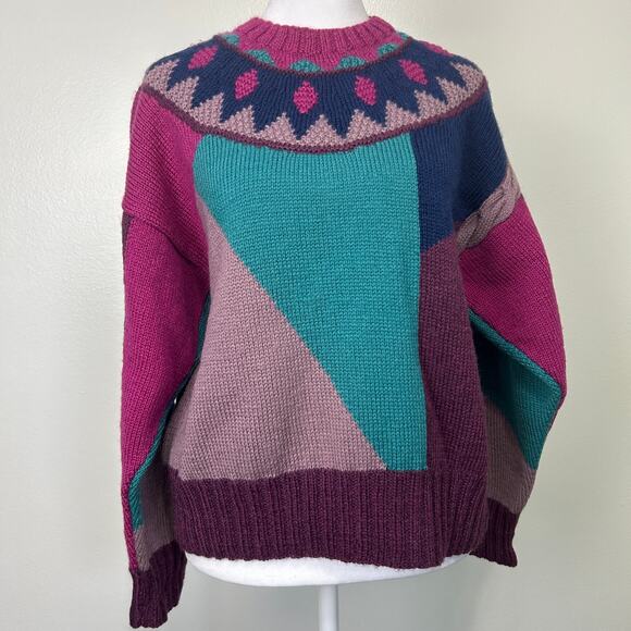 Vintage Sweaters - VTG 80s Wool Blend Color Block Geometric Sweater Women M Teal Pink Purple Cable